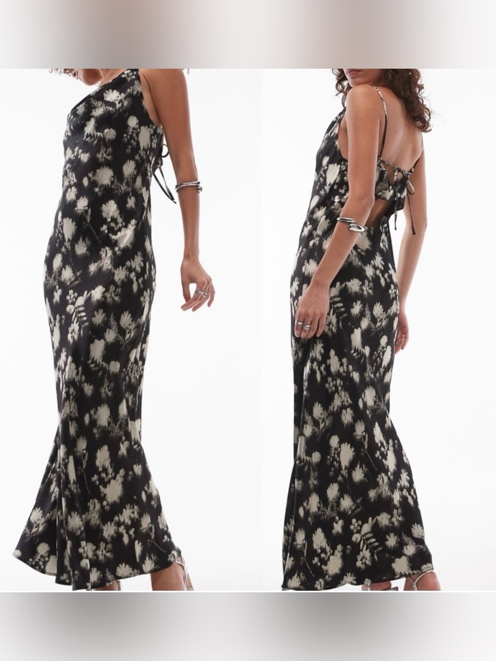 Topshop twist back cowl neck midi slip dress in mono floral satin